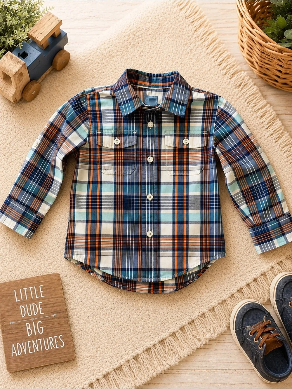 GAP Boys 3T Plaid Button-Down Shirt - Blue, Brown & Cream